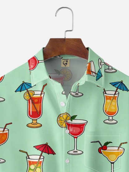 Moisture-Wicking Cocktail & Lemon Slice Print Chest Pocket Hawaiian Shirt
