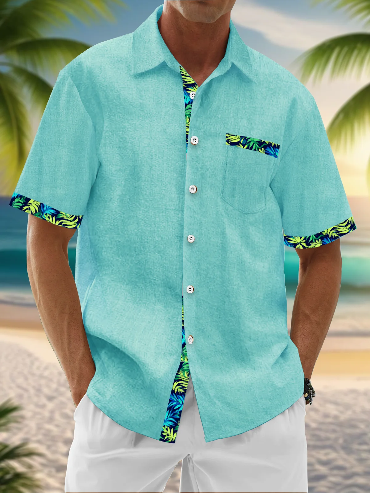 Linen Texture Plant Based Solid Color Patchwork Chest Pocket Holiday Hawaiian Shirt