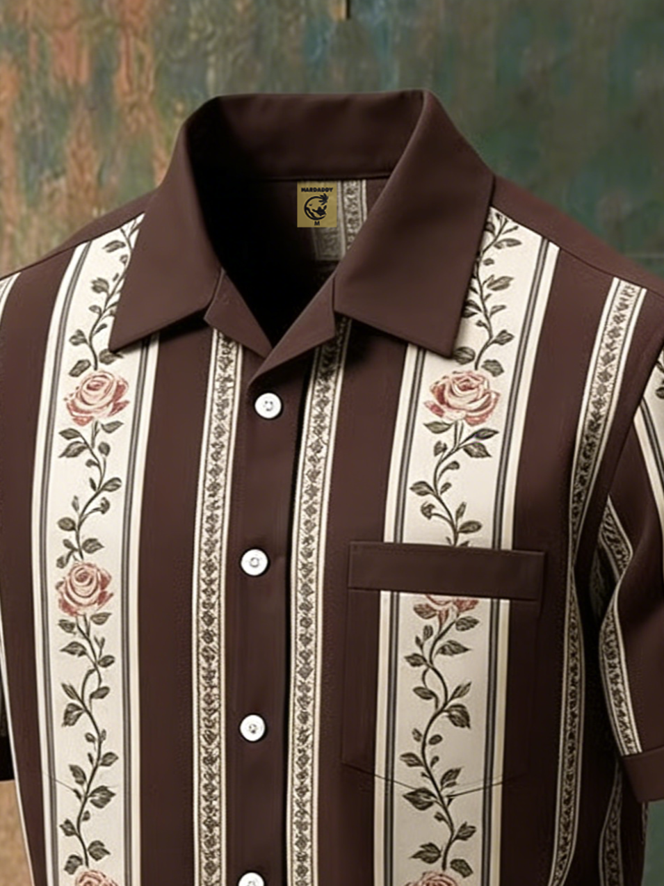 Moisture-wicking Rose Floral Striped Chest Pocket Hawaiian Shirt