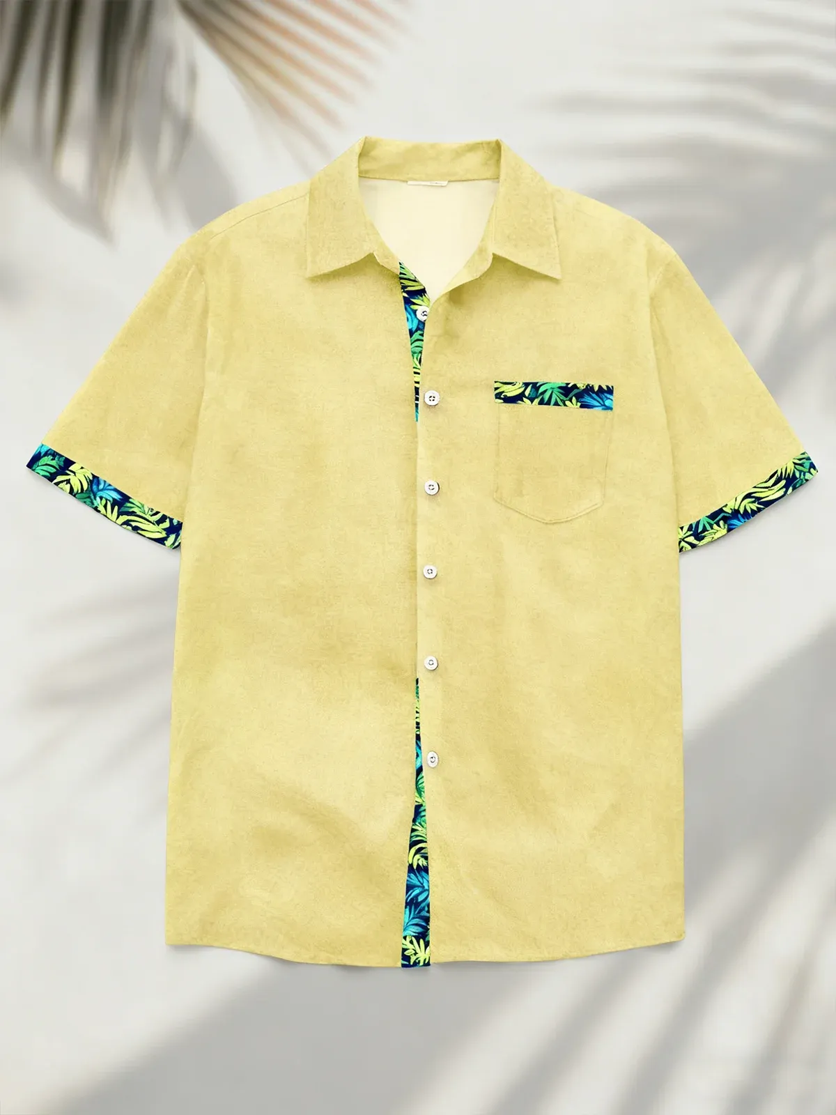 Linen Texture Plant Based Solid Color Patchwork Chest Pocket Holiday Hawaiian Shirt