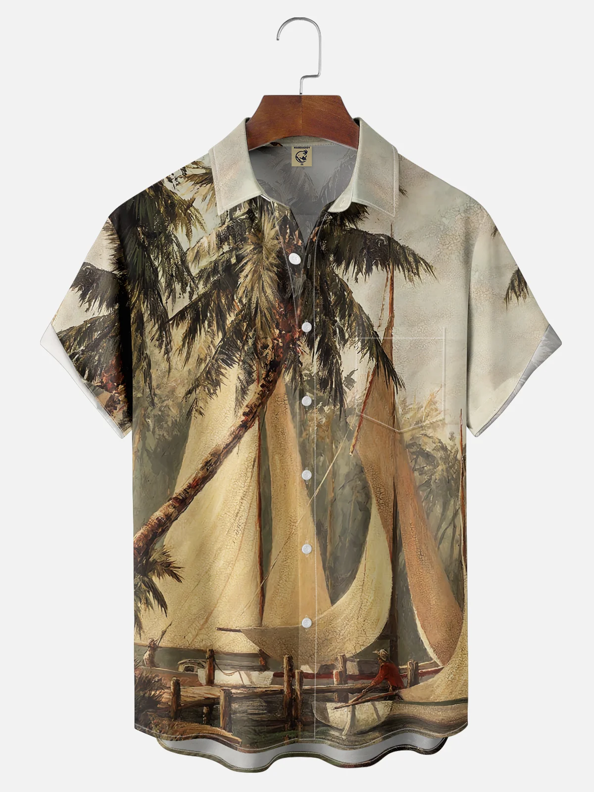 Mens Hawaiian Leaves Print Lapel Loose Chest Pockets Short Sleeve Funky Aloha Shirt