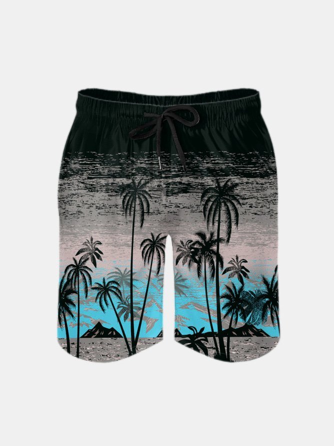 Men's Swim Trunks Hawaiian Tropical Palm Tree Beach Shorts with Pockets