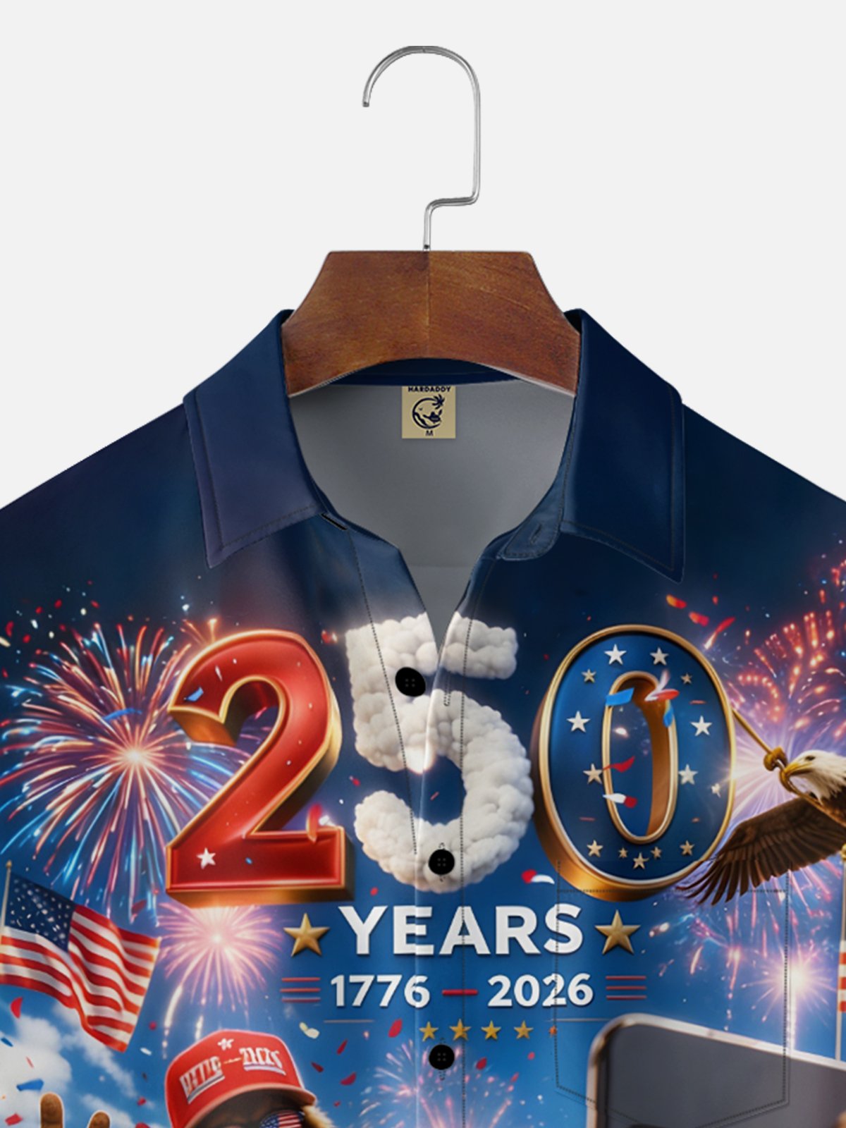 Moisture-Wicking 250th U.S. Independence Day Commemorative Edition Cat & Bigfoot Selfie-Print Chest Pocket  Hawaiian Shirt