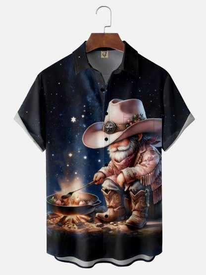 Moisture-Wicking Outdoor Gradient Color Western Cowboy Old Man Bonfire Chest Pocket Hawaiian Shirt