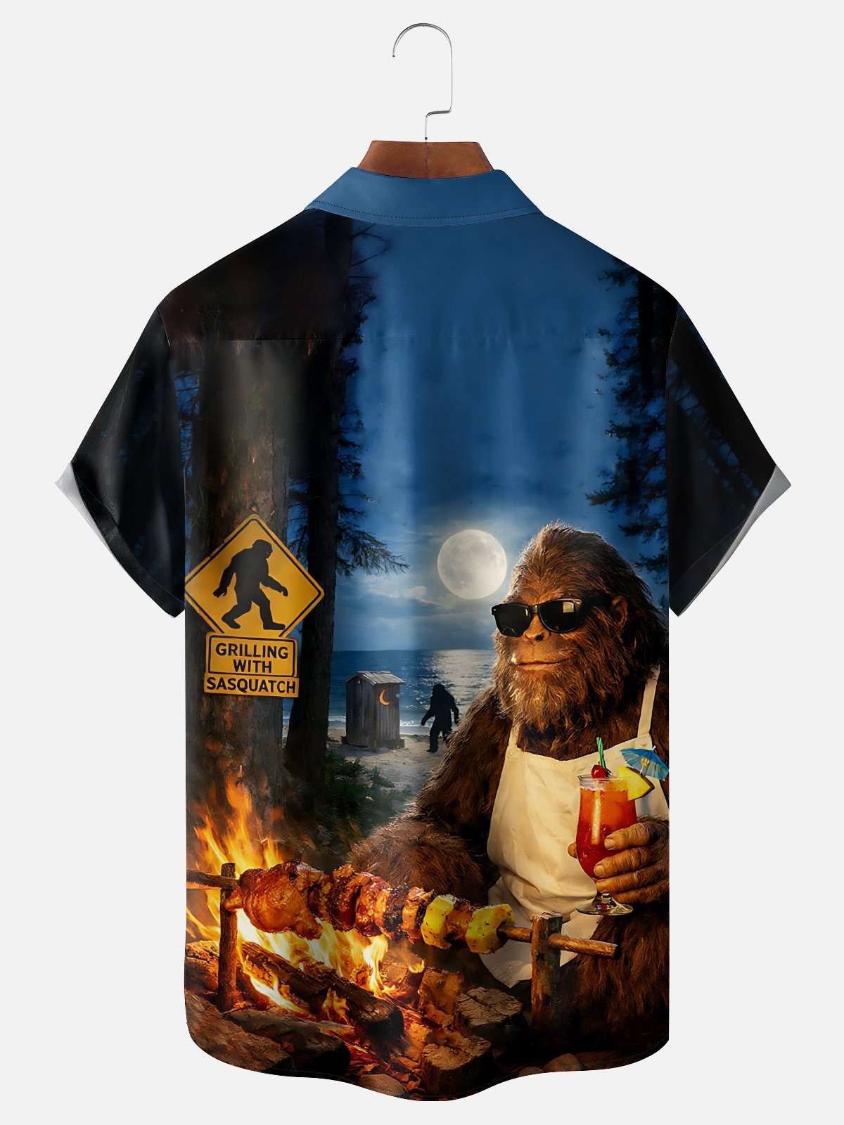 Moisture Wicking Fun BBQ Bigfoot Chest Pocket Hawaiian Shirt