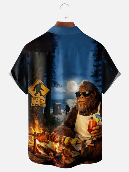 Moisture Wicking Fun BBQ Bigfoot Chest Pocket Hawaiian Shirt