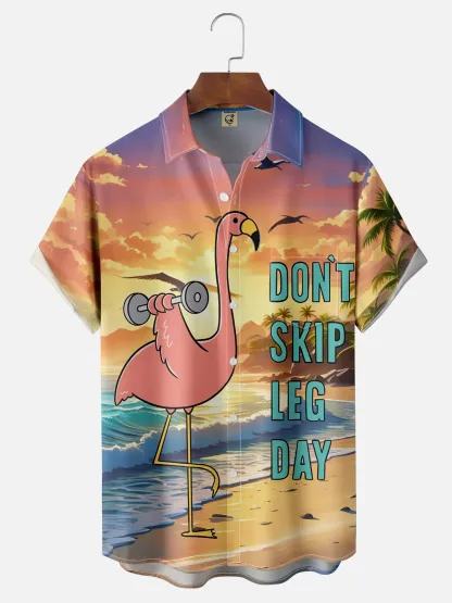 Coffee Man Moisture Wicking Flamingo Tropical Beach Coconut Tree Chest Pocket Hawaiian Shirt