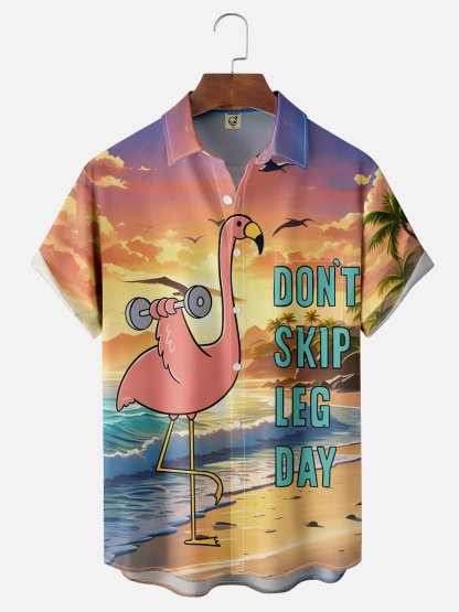 x Coffee Man Moisture Wicking Flamingo Tropical Beach Coconut Tree Chest Pocket Hawaiian Shirt