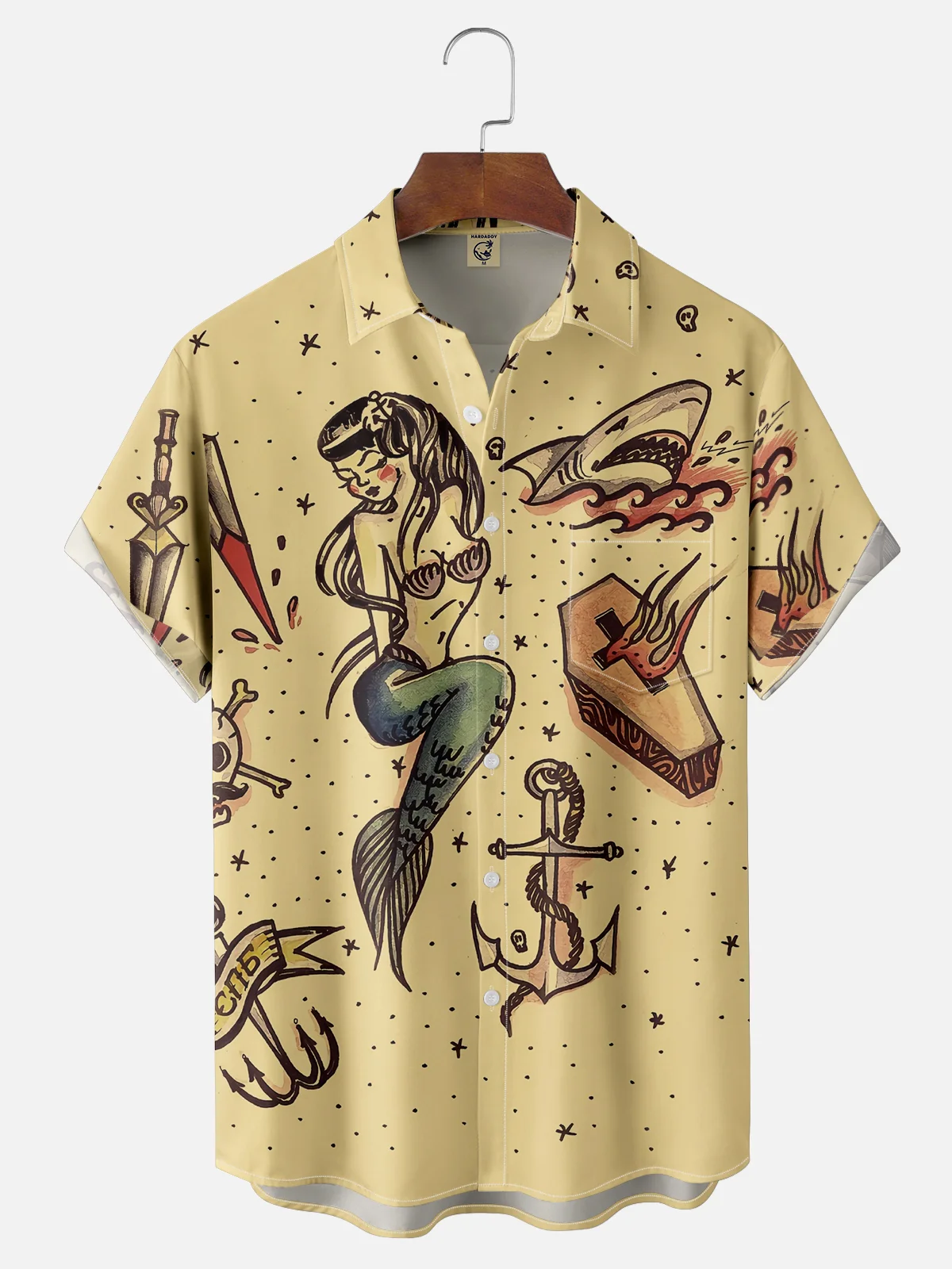 Men's Hawaiian Mermaid Ocean Element Retro Print Casual Breathable Short Sleeve Vintage Tattoo Hawaiian Shirt