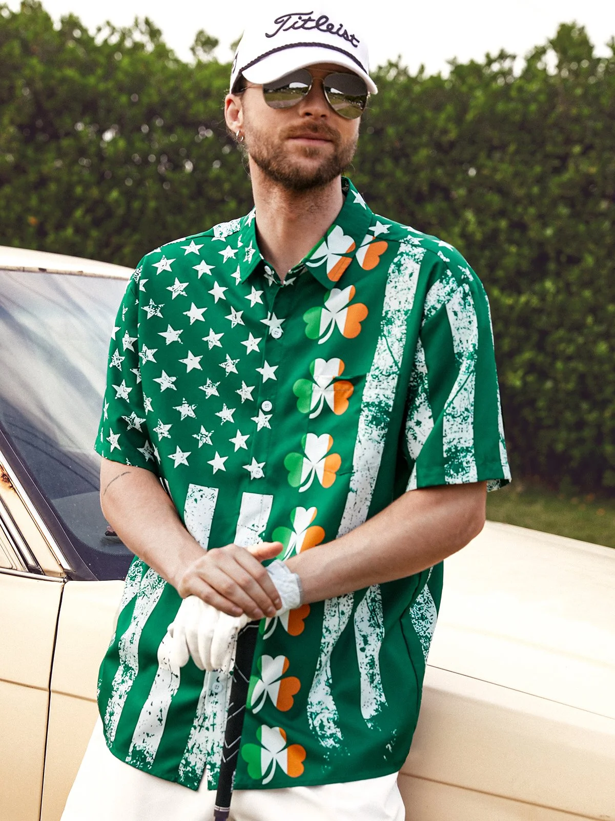 Hawaiian Button Up Shirt for Men Green St. Patrick's Day Lucky Clover American Flag Sharmark Regular Fit Short Sleeve Shirt St Paddy's Day Shirt