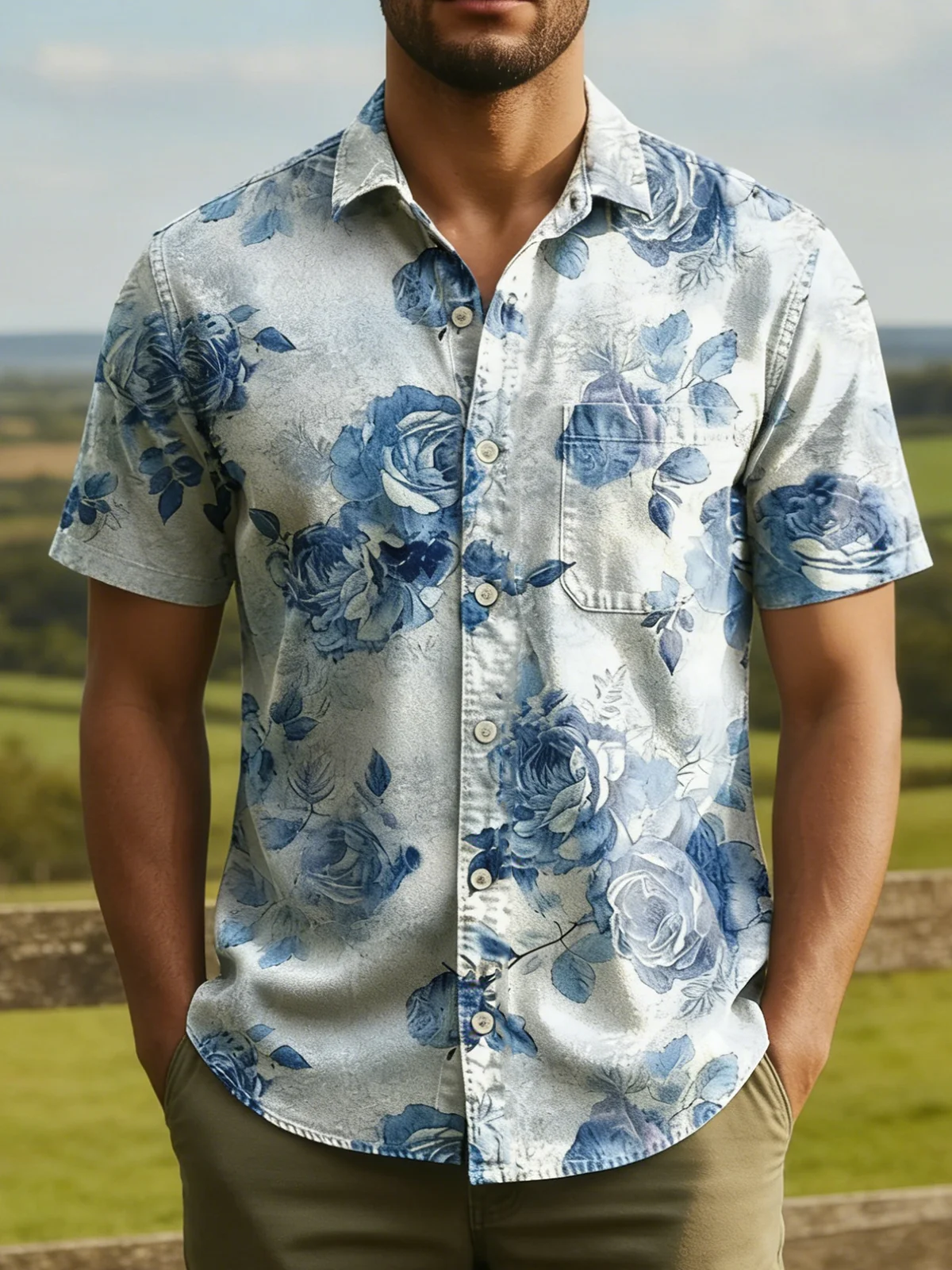 LinenTexture Floral Chest Pocket Holiday Hawaiian Shirt