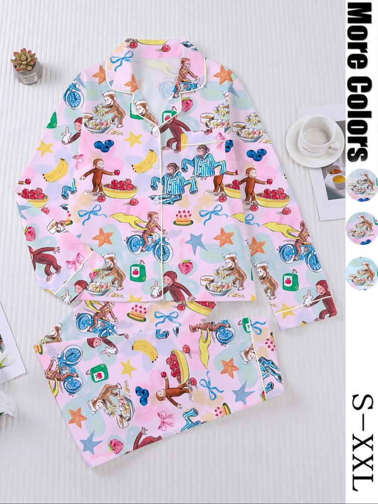 Women's Fall Winter Pajama Set, Cute Cartoon Monkey Print, Long Sleeve Button Front Top & Elastic Pants, Casual Home Wear