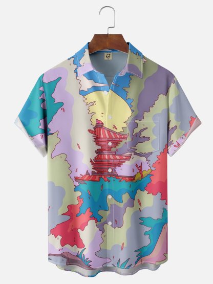 x Stephen Wade Moisture Wicking Abstract Art Landscape Chest Pocket Hawaiian Shirt