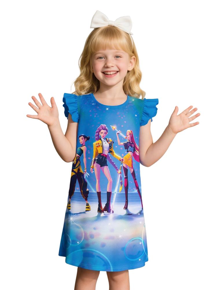 Girls' K-Pop Huntrix Character Print Dress, Cute Cartoon Pattern, Fitted Design, Moderate Fabric, All Seasons Wear
