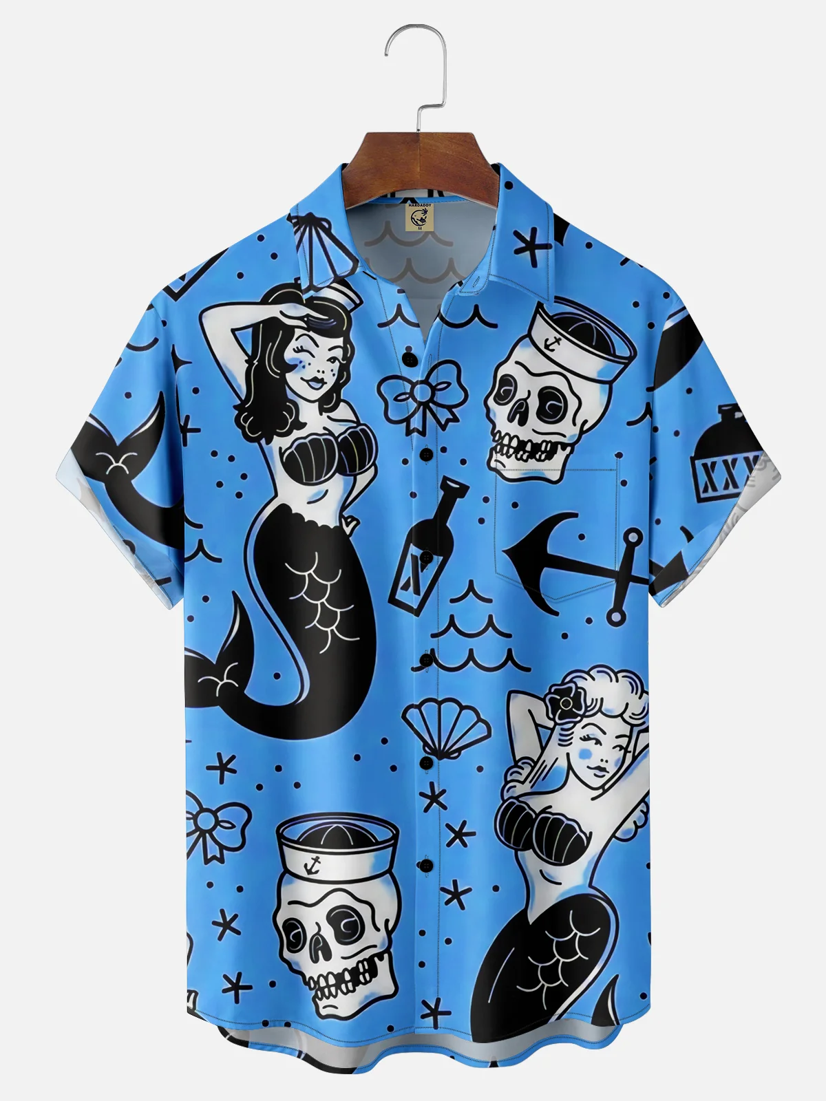 Mermaid Chest Pocket Short Sleeve Hawaiian Shirt