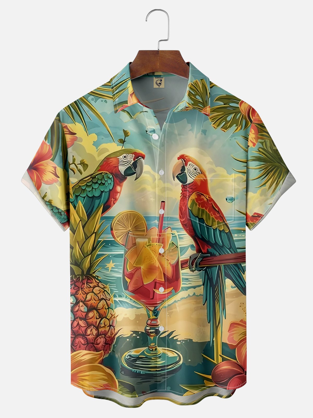Moisture Wicking Beach Cocktail Parrot Chest Pocket Hawaiian Shirt