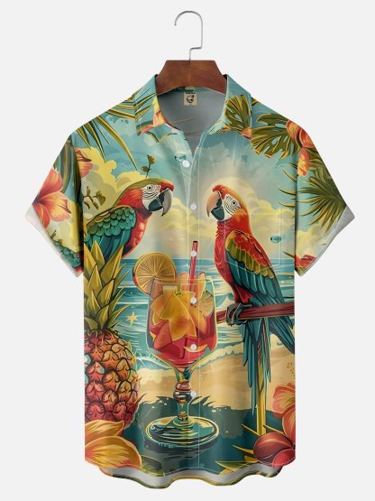 Moisture Wicking Beach Cocktail Parrot Chest Pocket Hawaiian Shirt