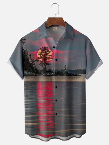 Vacation Style Hawaiian Series Sunset Gradient Sky Scenery Element Pattern Lapel Short-Sleeved Shirt Print Top