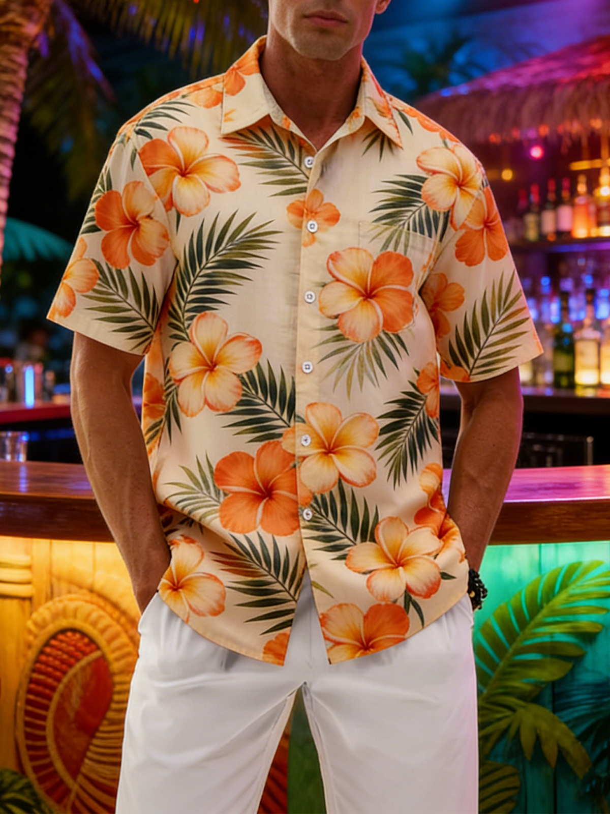 Linen-Texture Botanical Floral Chest Pocket Holiday Hawaiian Shirt
