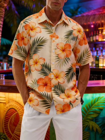 Linen-Texture Botanical Floral Chest Pocket Holiday Hawaiian Shirt