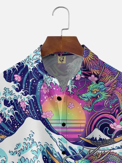 Moisture Wicking Japanese Ukiyo-e Wave Dragon Phoenix Chest Pocke Holiday Hawaiian Shirt