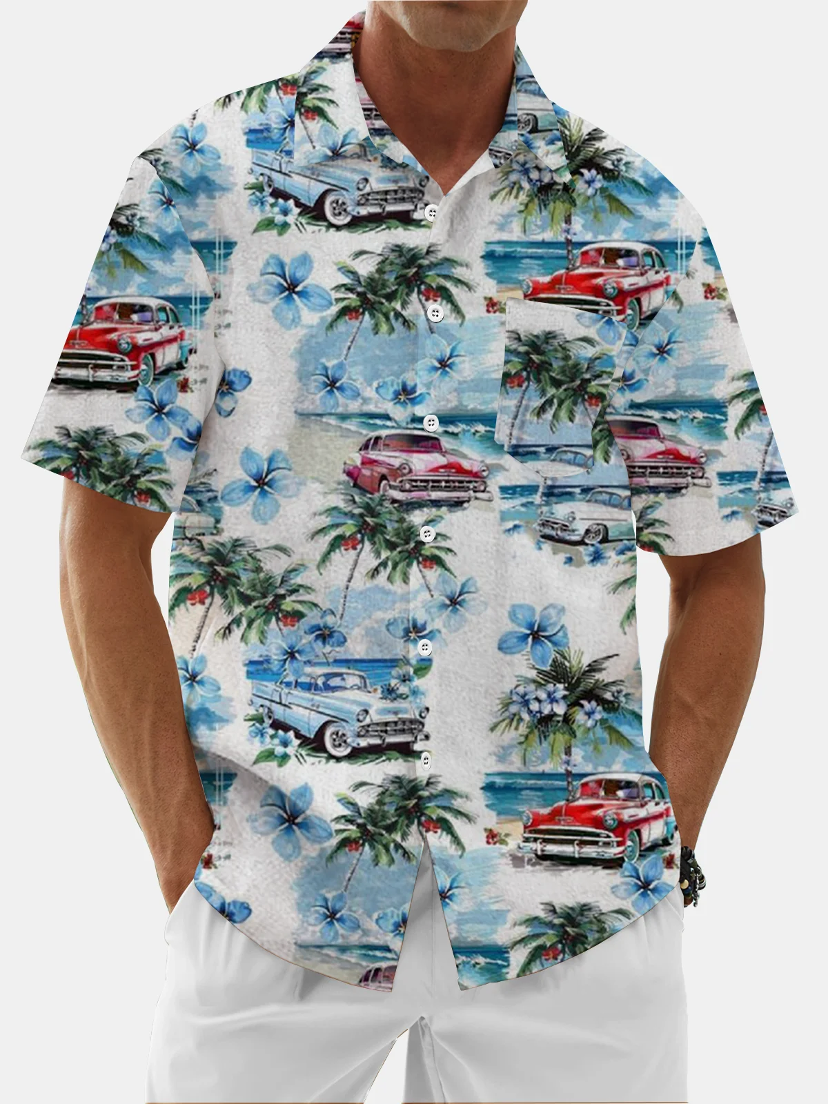 Moisture Wicking Gradient Coconut Tree Vintage Car Chest Pocket Hawaiian Shirt