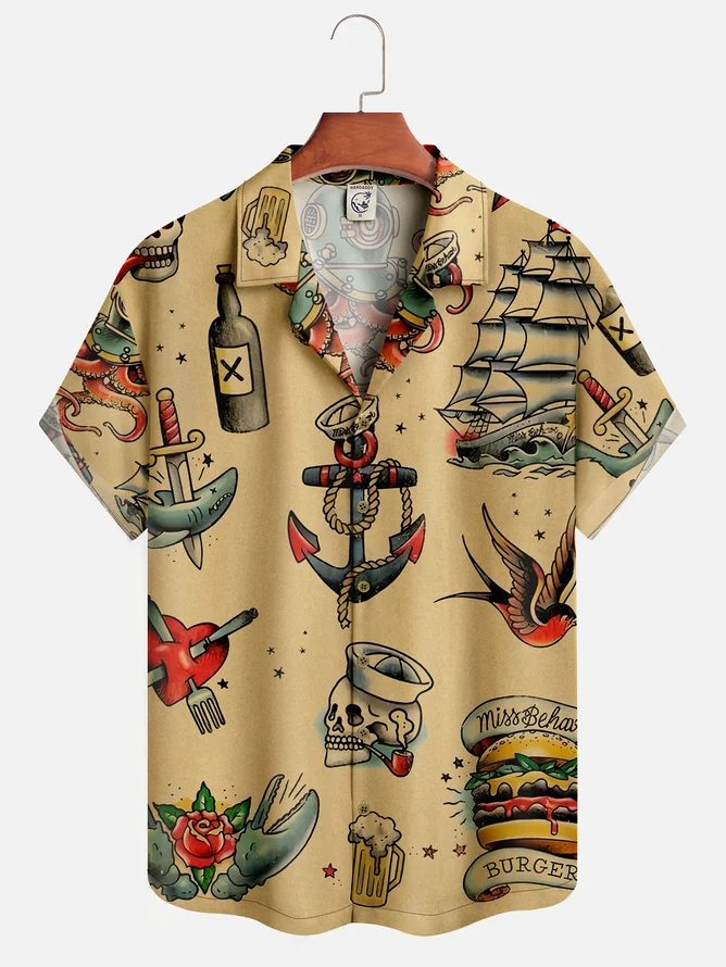 Mens Hawaiian Sailing Print Camp Collar Loose Short Sleeve Funky Tattoo Hawaiian Shirt