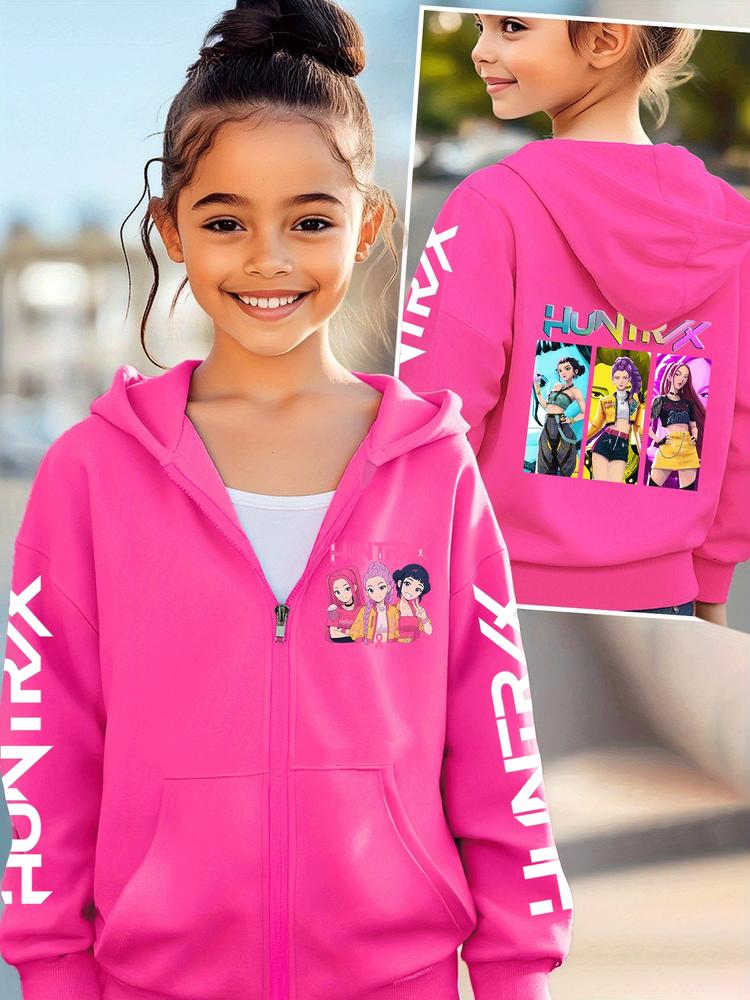 Girls Kpop Demon Hunters Cartoon Print Hoodie, Graphic Casual Hoodie, Comfortable Casual Fitted Jacket, Fall & Winter Zipper Sweatshirt, Christmas Gift