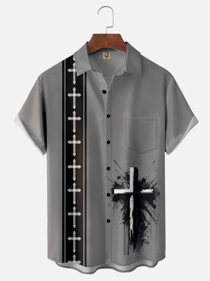 Moisture-wicking Easter Christian Cross Chest Pocket Bowling Shirt
