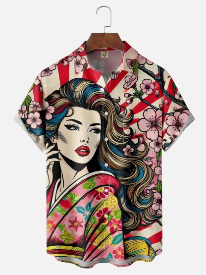Moisture Wicking Ukiyo-e American Girl Chest Pocket Hawaiian Shirt