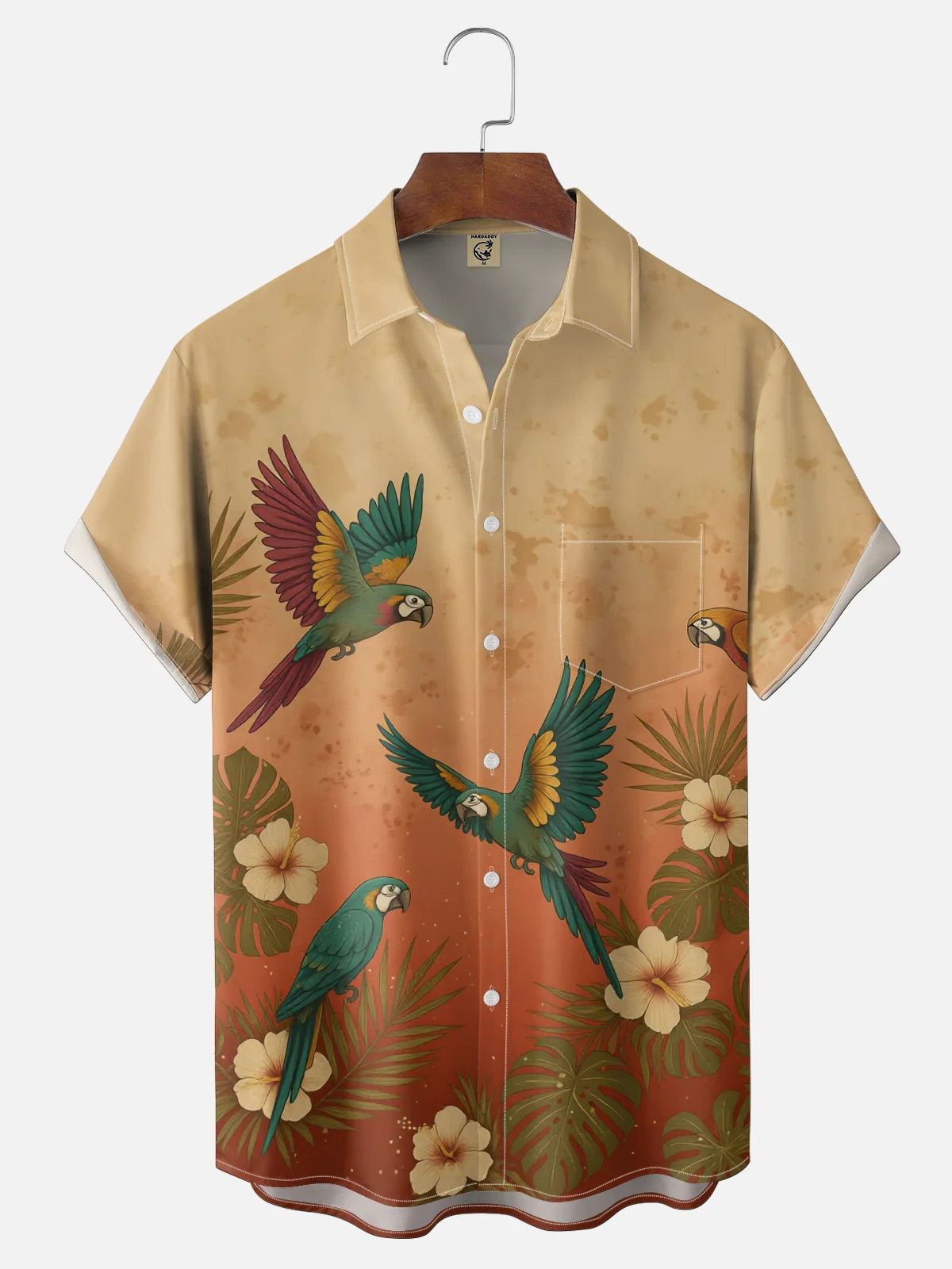 Moisture Wicking Botanical & Parrot Print Chest Pocket Holiday Hawaiian Shirt