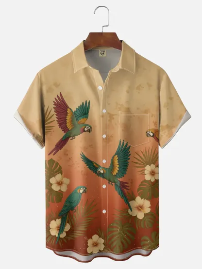 Moisture Wicking Botanical & Parrot Print Chest Pocket Holiday Hawaiian Shirt
