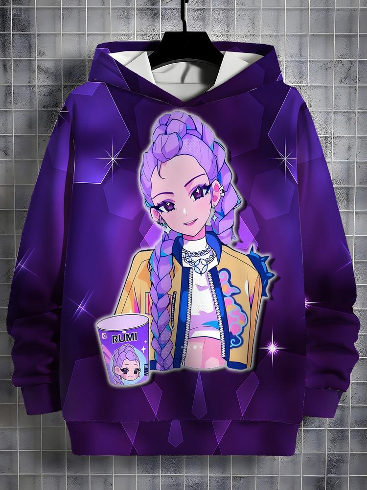 Girls Kpop Demon Hunters Series Geometric Background Rumi Character Print Hoodie, Casual Fall Winter Sportswear, Durable Outdoor Activity