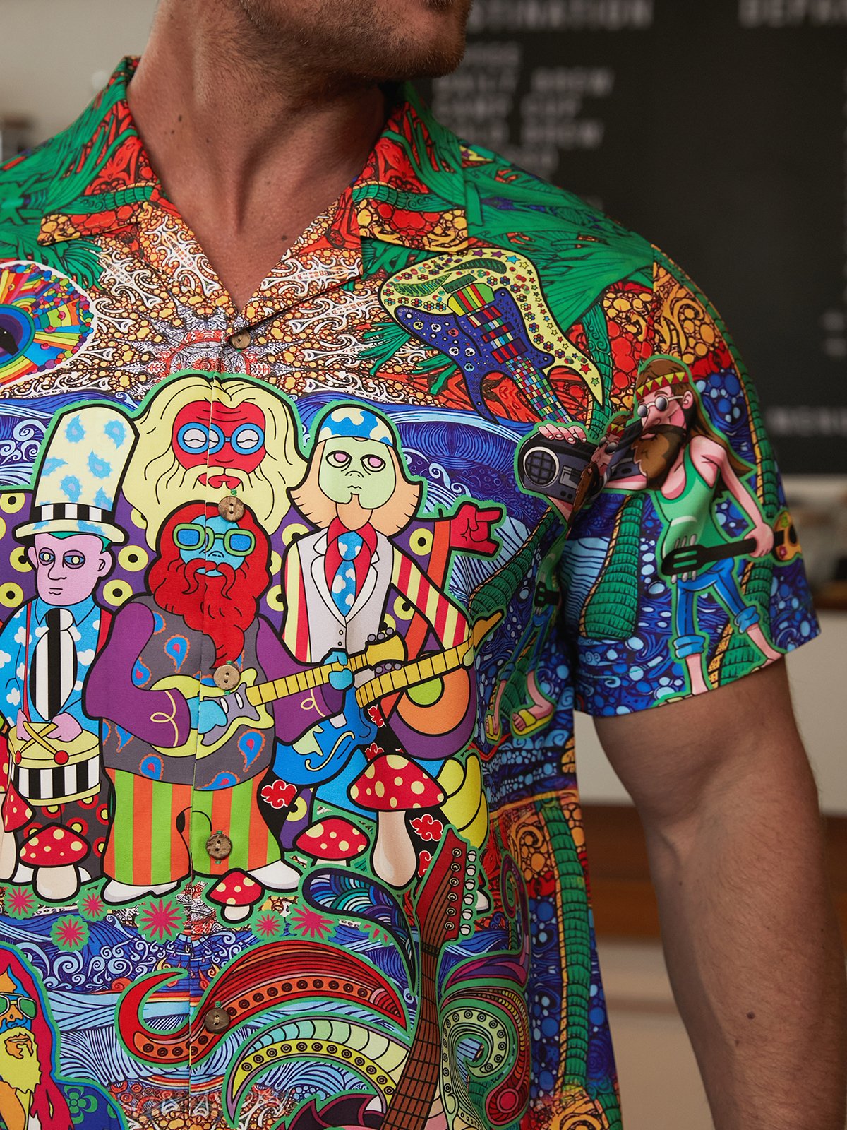 Hardaddy Hawaiian Hippie Retro Music Elements Men's Casual Short-sleeved Shirt