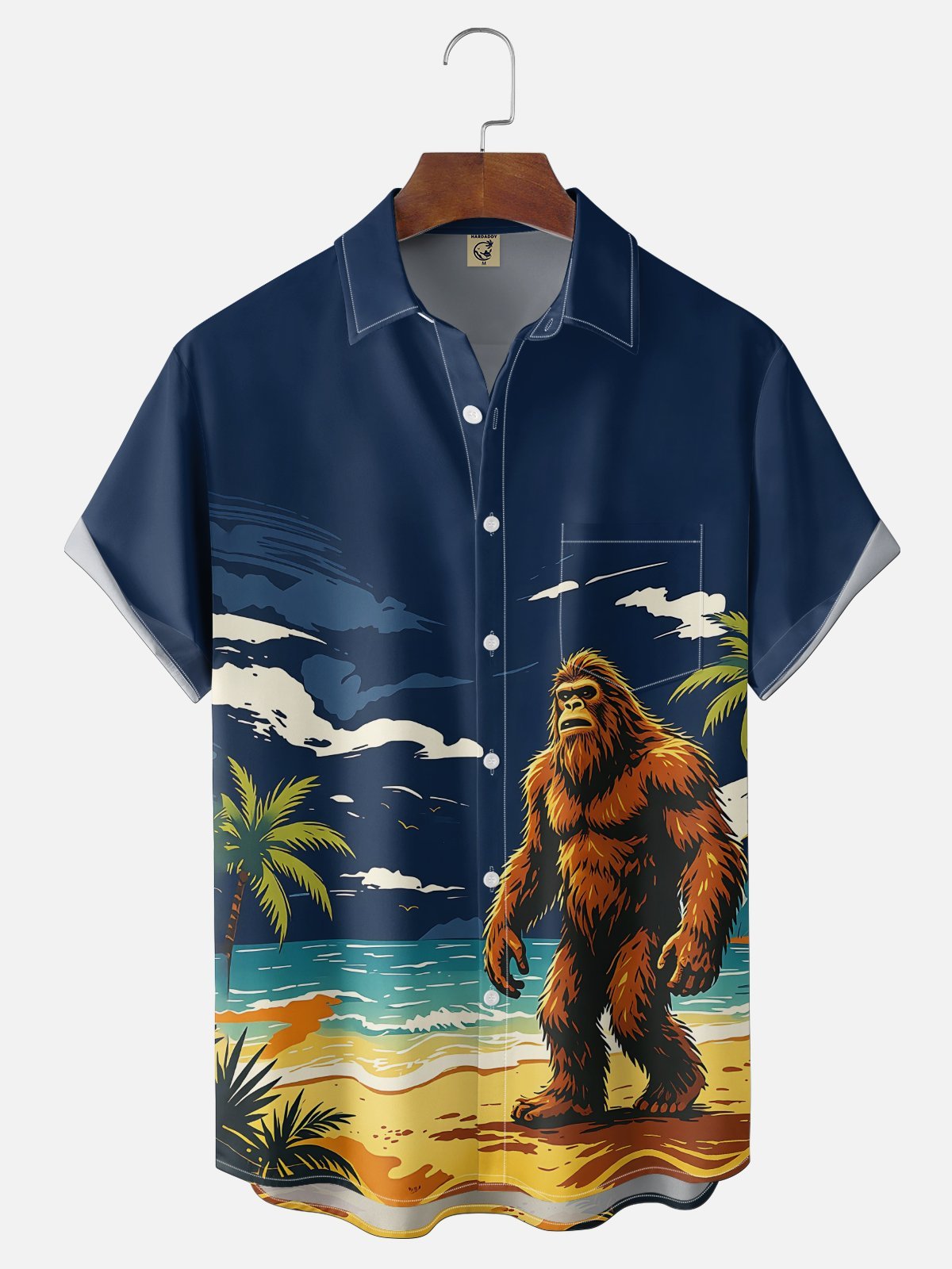 Moisture-Wicking Gradient Coconut Trees Beach And Bigfoot Print Chest Pocket Hawaiian Shirt