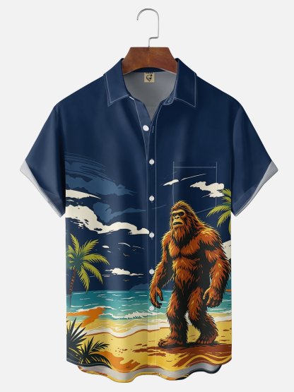 Moisture-Wicking Gradient Coconut Trees Beach And Bigfoot Print Chest Pocket Hawaiian Shirt