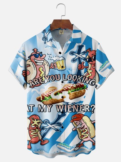 Tall Size Moisture Wicking Fun American Hot Dog Slogan Chest Pocke Holiday Hawaiian Shirt