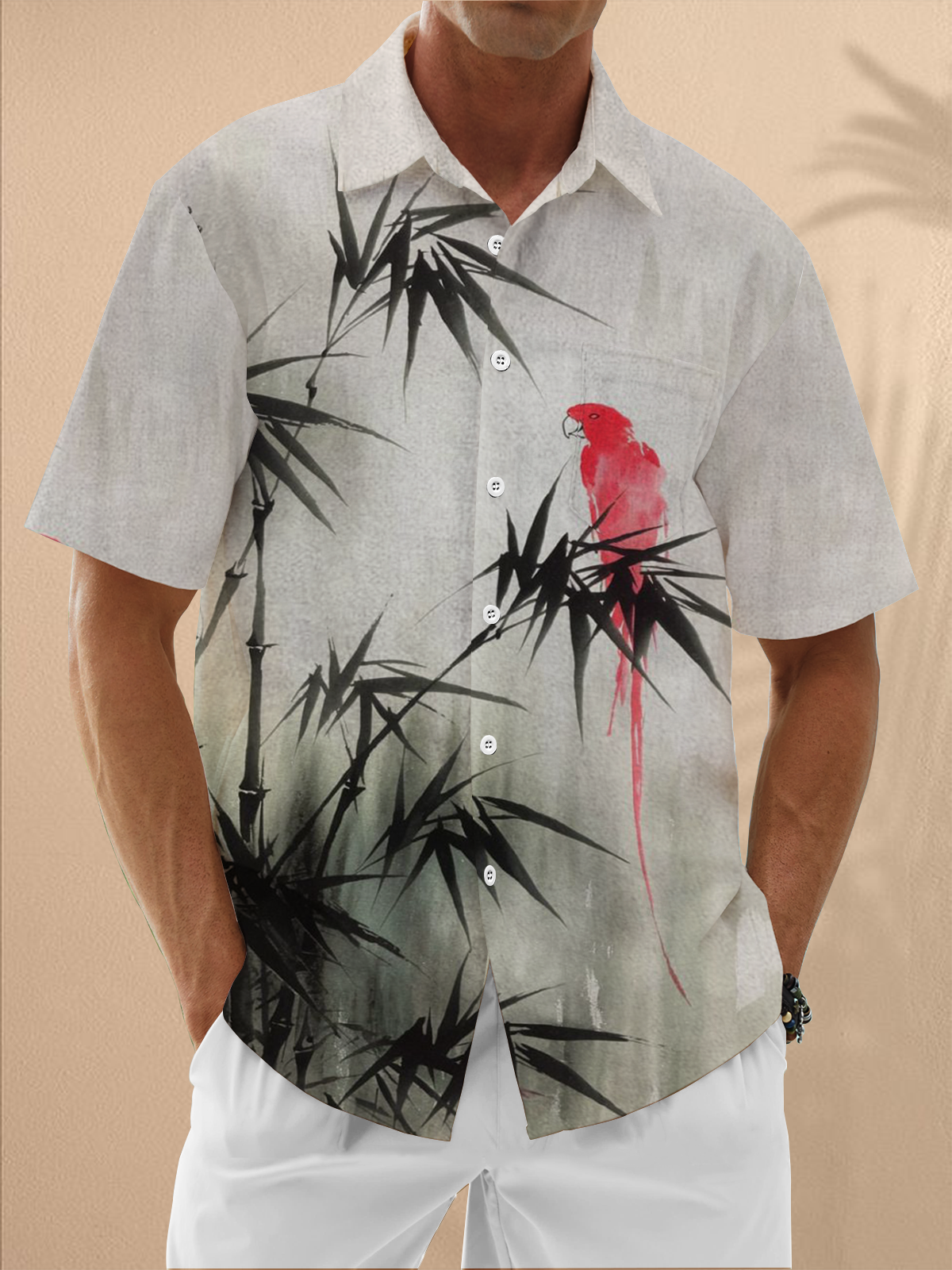 Moisture Wicking Plant Parrot Chest Pocket Hawaiian Shirt
