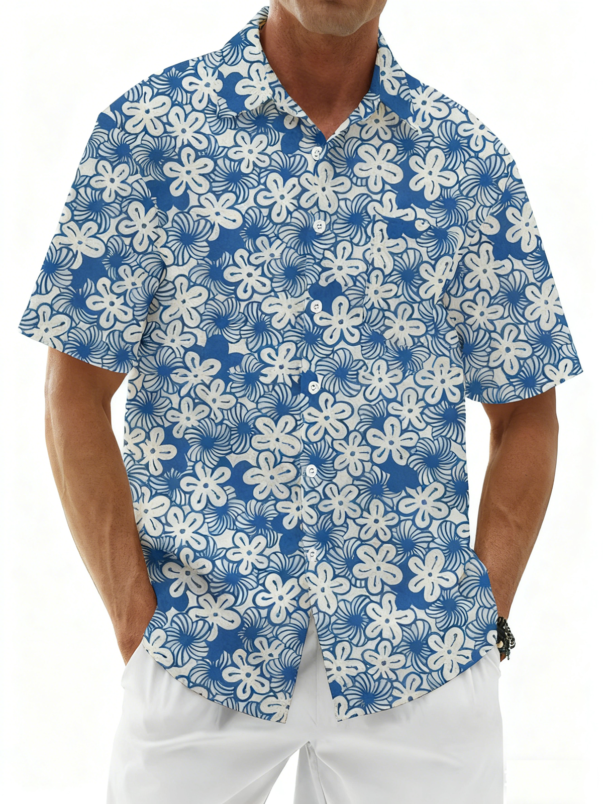 Linen Texture Plants Flowers Cherry Blossoms Chest Pocket Holiday Hawaiian Shirt
