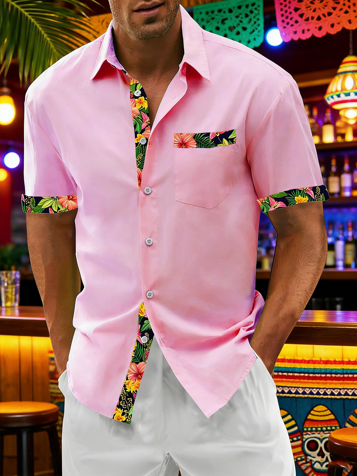 Linen Textured Solid & Botanical Floral Patchwork with Chest Pocket Holiday Hawaiian Shirt