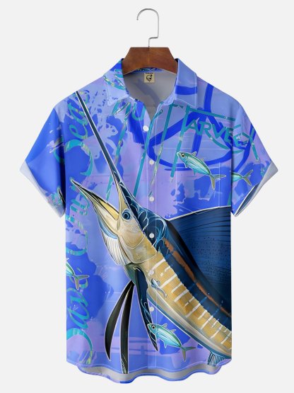 Moisture-wicking Swordfish Ocean Chest Pocket Hawaiian Shirt