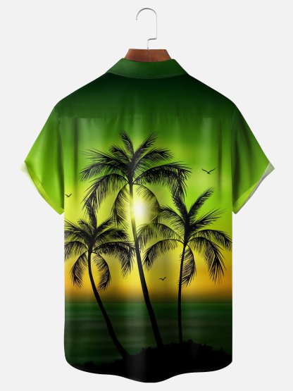 Moisture-wicking Palm Tree Chest Pocket Hawaiian Shirt