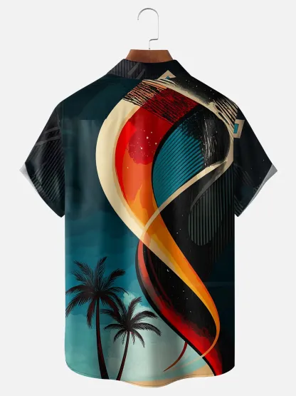 Moisture-wicking Palm Tree Geomatric Chest Pocket Hawaiian Shirt
