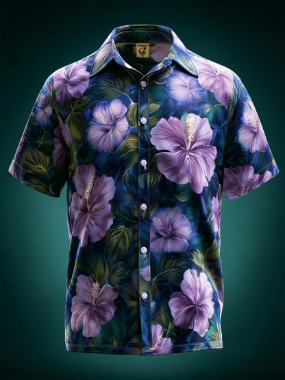 Moisture-wicking Tropical Hibiscus Floral Chest Pocket Hawaiian Shirt