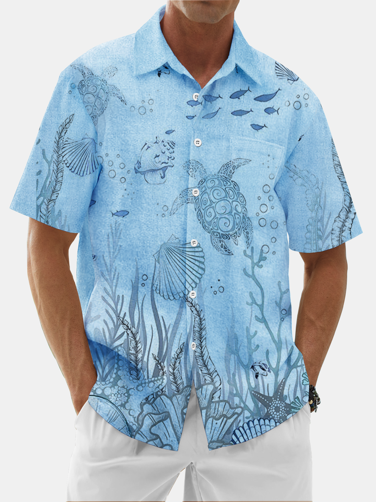 Moisture Wicking Ocean Turtle Chest Pocket Hawaiian Shirt