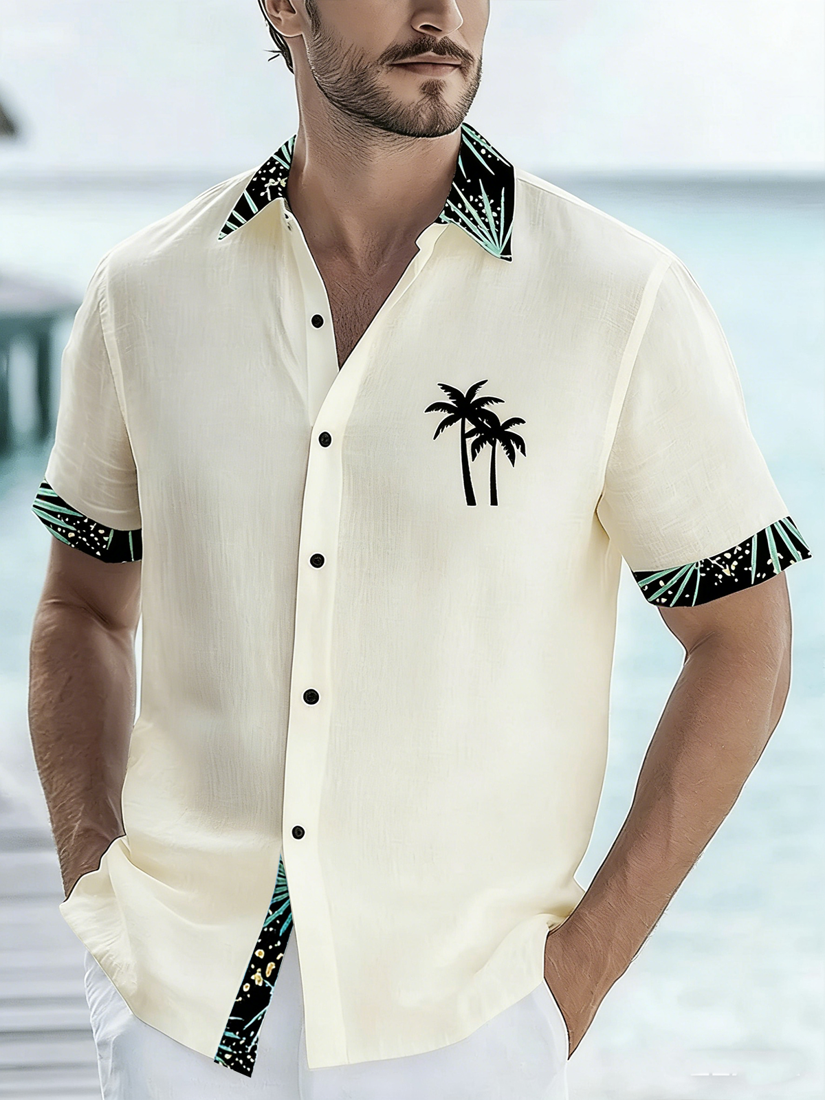 Linen Texture Solid & Botanical Floral Patchwork Chest Pocket Holiday Hawaiian Shirt