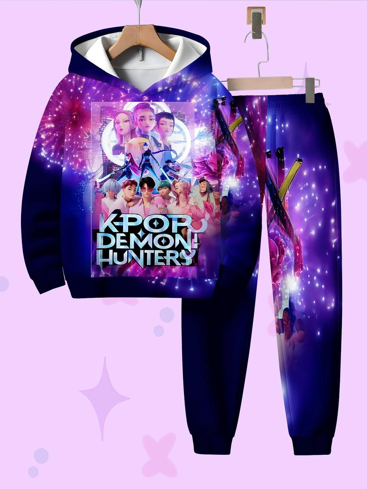 K-Pop Demon Hunter Theme Hoodie Set, Blue Casual Sweatshirt & Pants, All over Print, Fall Winter Fashion, Moderate Fabric