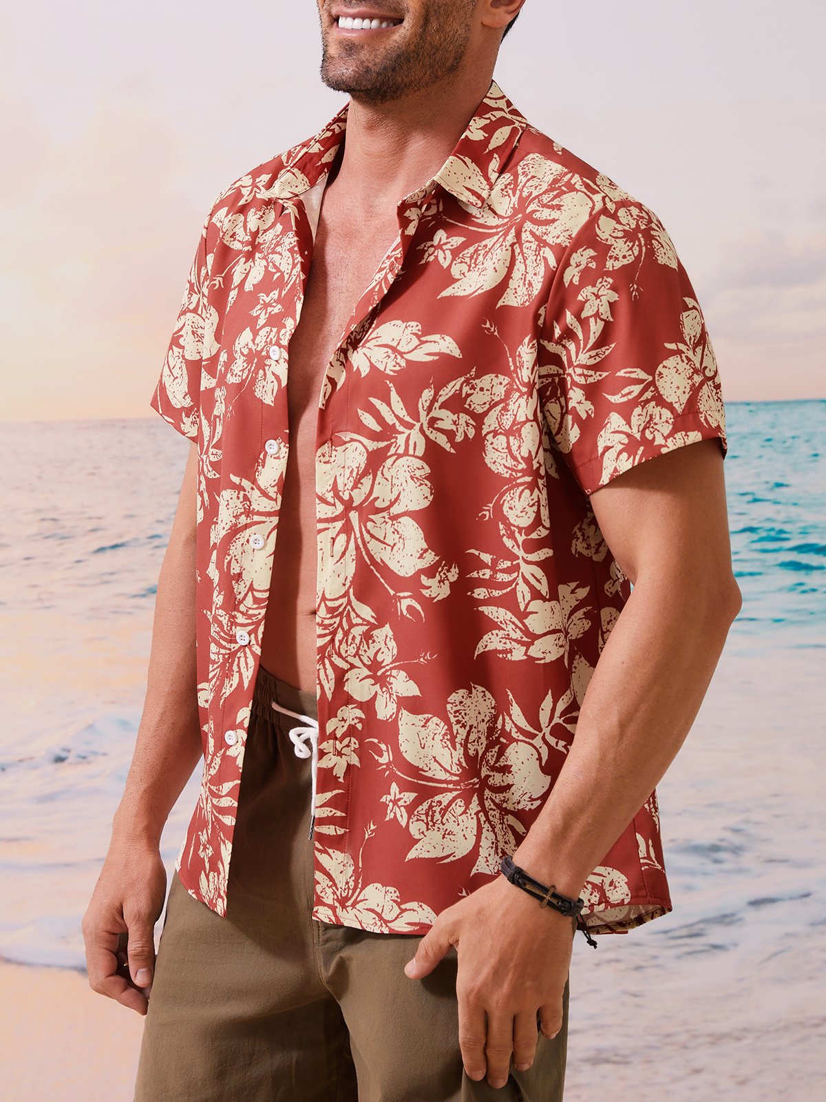 Holiday Style Hawaiian Series Plant Flower Leaf Element Lapel Short-Sleeved Shirt Print Top