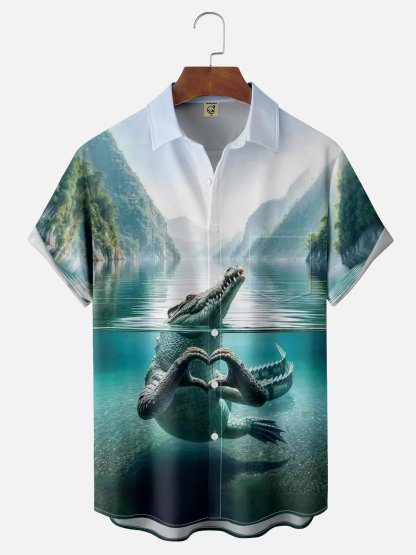 Moisture-wicking Alligator Heart Chest Pocket Hawaiian Shirt