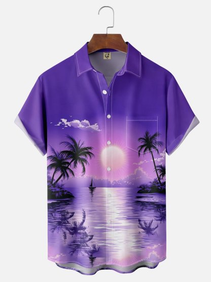 Moisture-wicking Tropical Palm Tree Chest Pocket Hawaiian Shirt